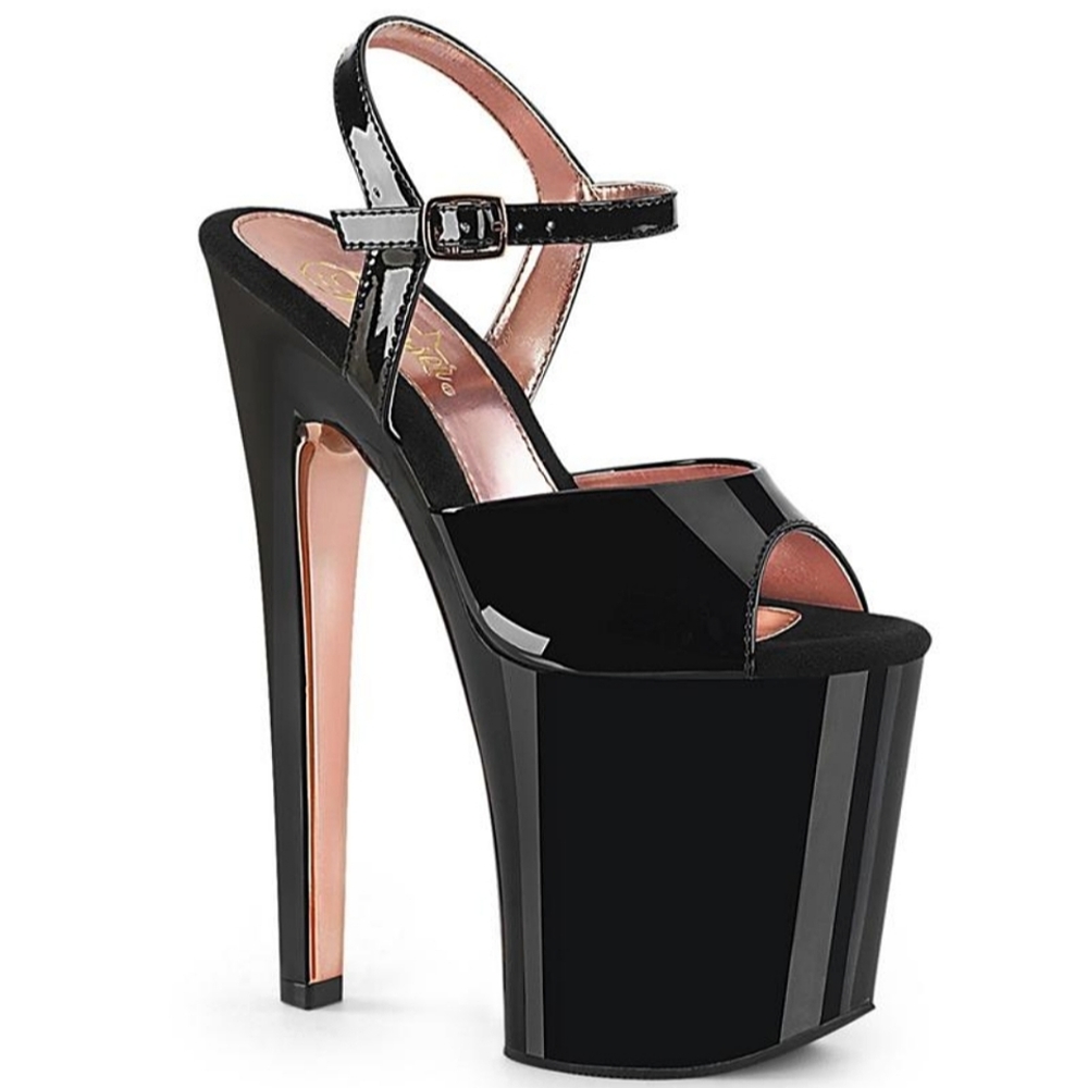 8 inch Pleaser Heels - Rose Gold & Black
